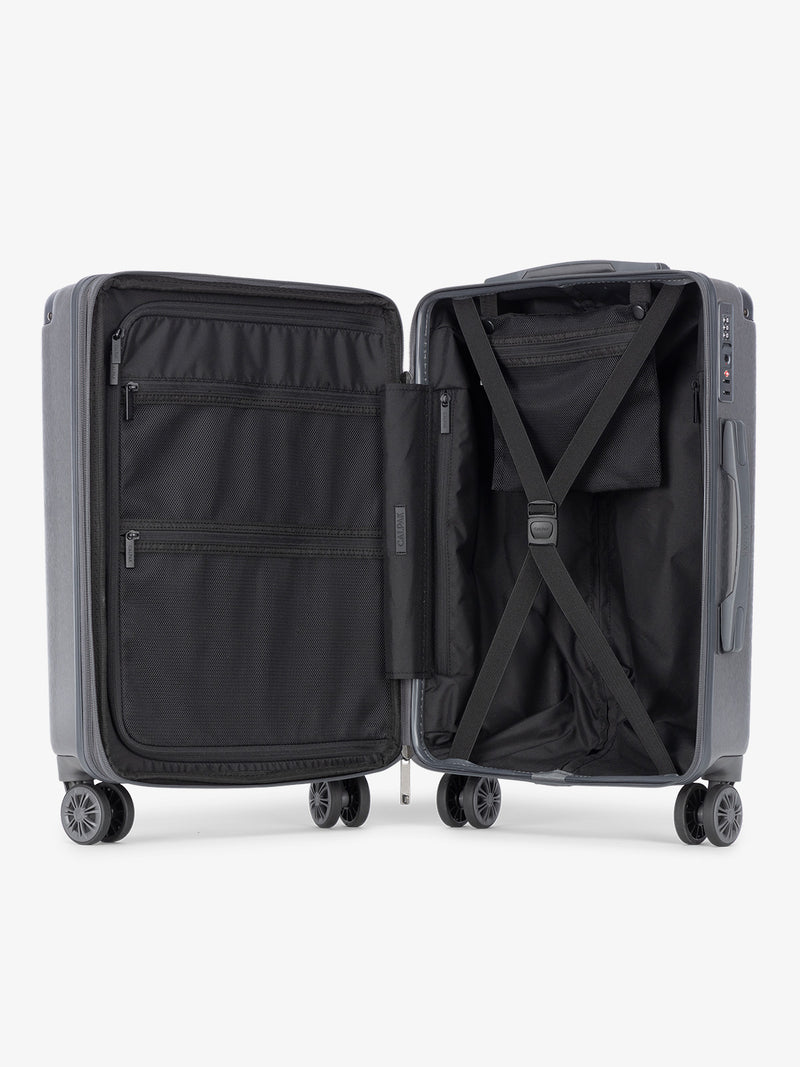 CALPAK Ambeur hard shell lightweight gunmetal gray luggage with interior compression straps and multiple pockets