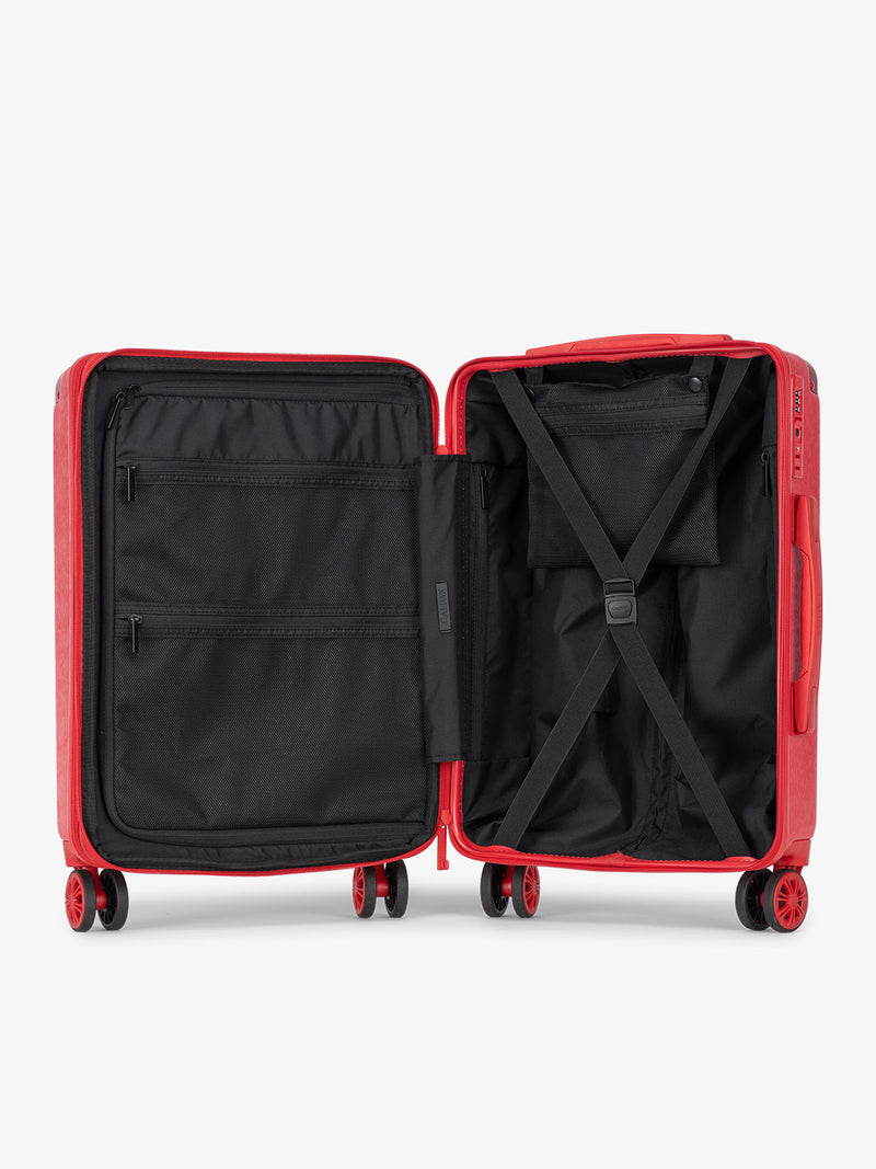 CALPAK Ambeur hard shell lightweight metallic red luggage with interior compression straps and multiple pockets