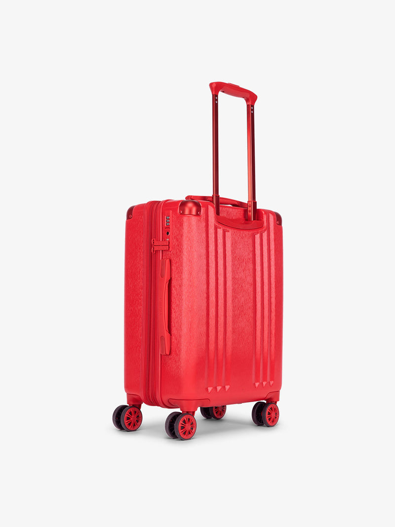 CALPAK Ambeur carry-on luggage featuring TSA lock, 360 spinner wheels, and expanded top handle metallic red