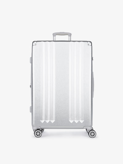 Studio product shot of front-facing CALPAK Ambeur large 30-inch silver hardshell spinner luggage; LAM1028-SILVER view 1