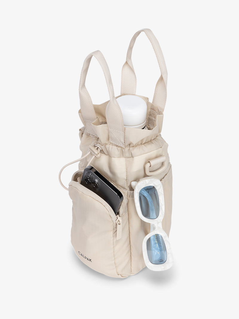 CALPAK Water Bottle carrier with zippered pocket in beige oatmeal