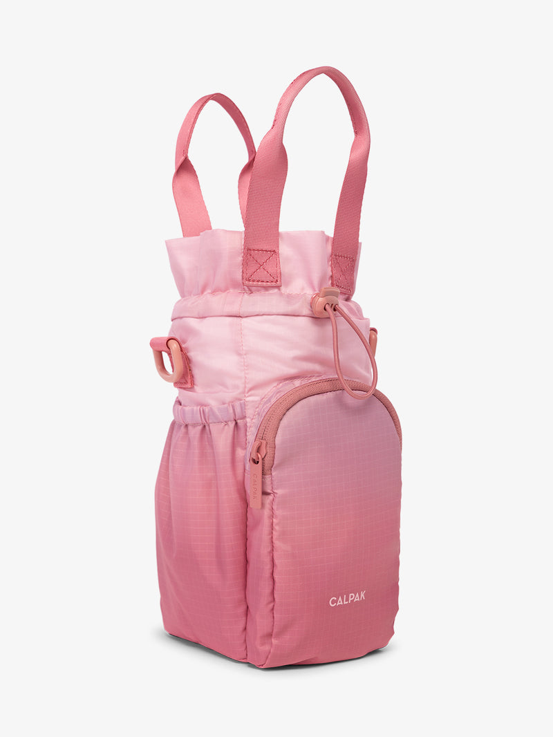 Opened top of CALPAK Water Bottle Holder in pink ombre Tea Rose