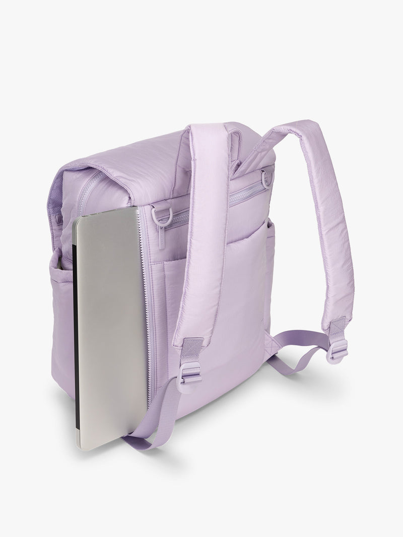 CALPAK Diaper Backpack in lavender purple Orchid side laptop sleeve