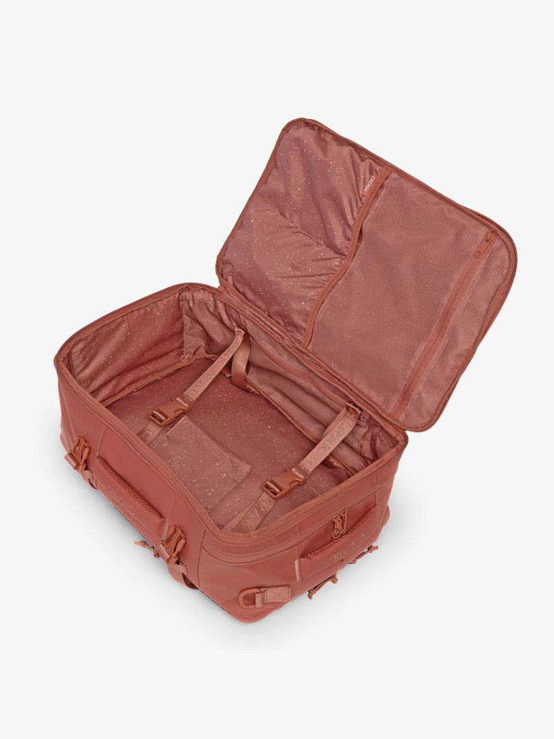 CALPAK Terra 26L Laptop Backpack Duffel in red and orange Matte Clay open duffel view