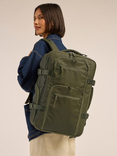 CALPAK Terra 26L Laptop Backpack Duffel in dark green Matte Pine front view; BPH2201-PINE view 2