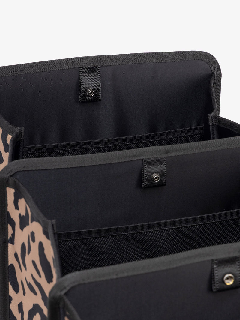 interior of cheetah print CALPAK car trunk organizer