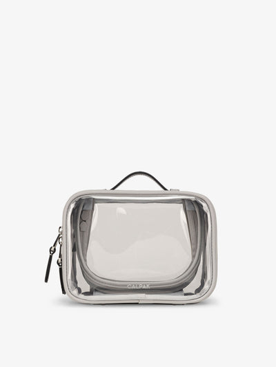 CALPAK small clear makeup bag with zippered compartments in cool grey; CCM2001-COOL-GREY