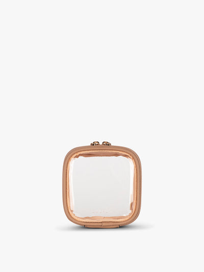 CALPAK Tiny Clear Cosmetic Case in light brown Caramel front view; CCT2501-CARAMEL view 1