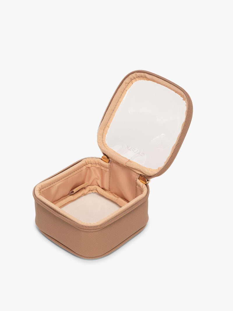 CALPAK Tiny Clear Cosmetic Case in light brown Caramel opened with zipper