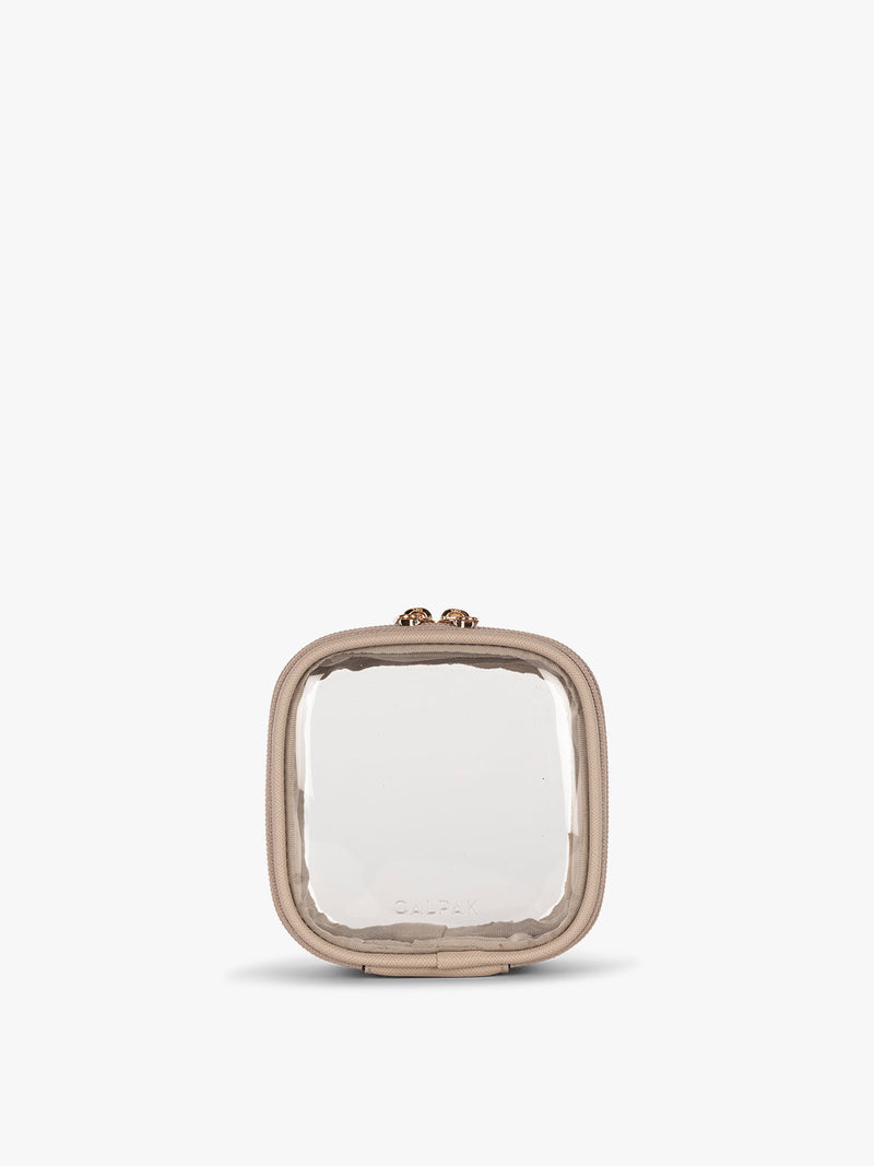 CALPAK Tiny Clear Cosmetic Case in tan Stone front view
