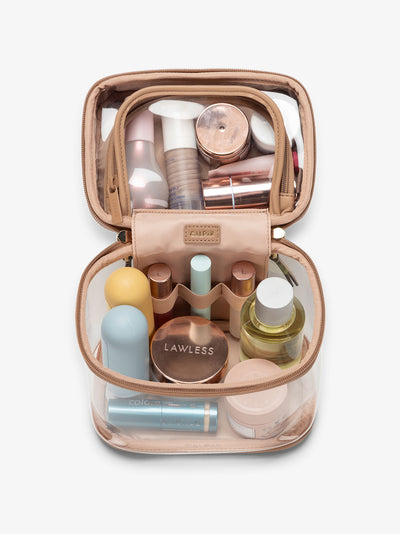 CALPAK clear train case with top interior pocket for makeup and cosmetics in caramel brown