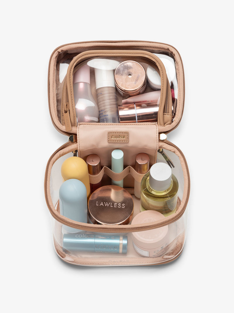 CALPAK clear train case with top interior pocket for makeup and cosmetics in caramel brown