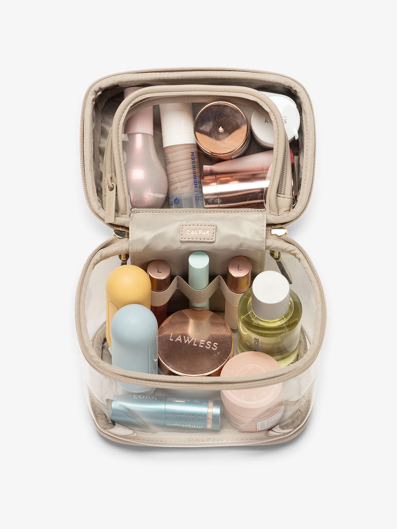 CALPAK clear train case with top interior pocket for makeup and cosmetics in stone beige