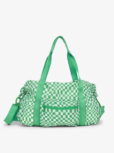 CALPAK Compakt duffel bag with removable crossbody strap and water resistant fabric in light green checker print; KDB2001-GREEN-CHECKERBOARD