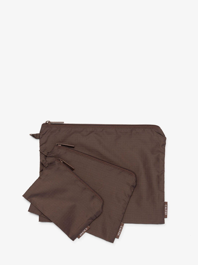 CALPAK Compakt zippered pouches in walnut