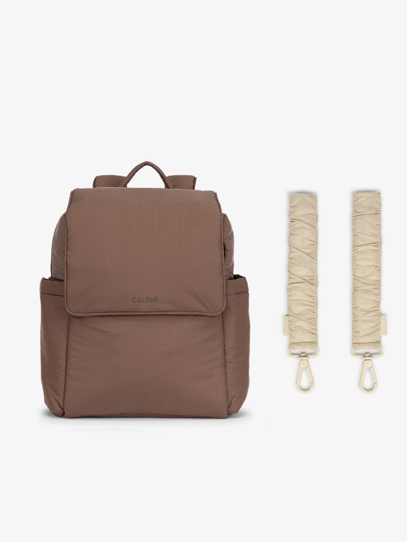 CALPAK Convertible Mini Diaper Backpack in brown Hazelnut with white Oatmeal Stroller Straps