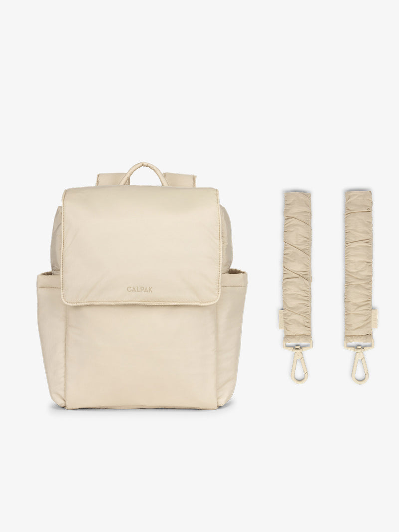 CALPAK Convertible Mini Diaper Backpack in white Oatmeal with white Oatmeal Stroller Straps