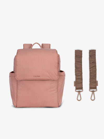 CALPAK Convertible Mini Diaper Backpack in pink Peony with brown Hazelnut Stroller Straps; BBPC2401-PEONY-HAZELNUT view 1