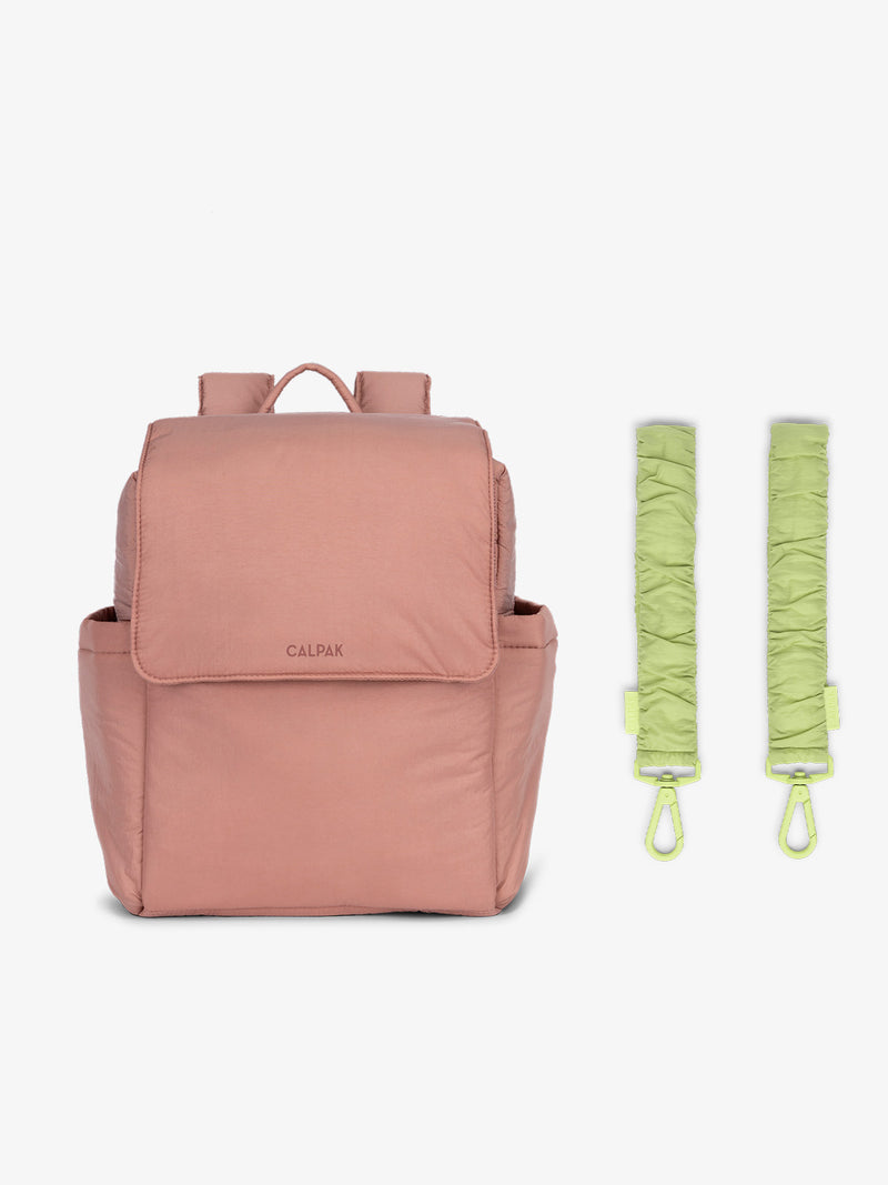 CALPAK Convertible Mini Diaper Backpack in pink Peony with light green Lime Stroller Straps