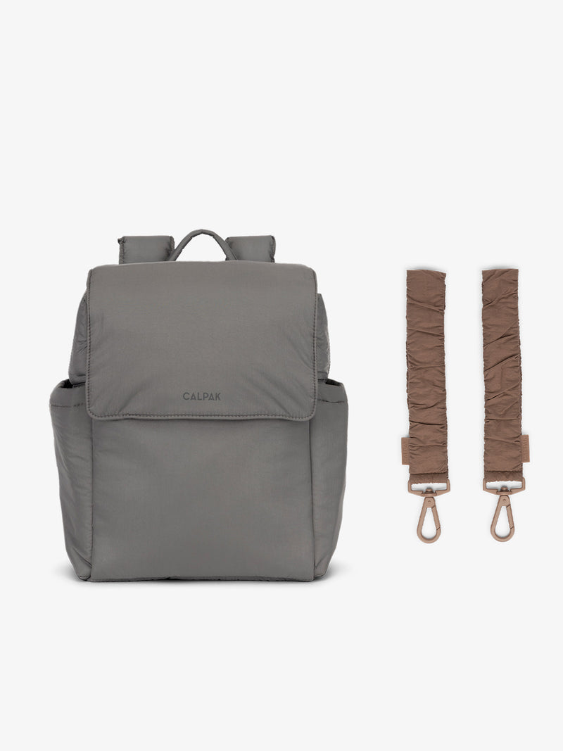 CALPAK Convertible Mini Diaper Backpack in grey Slate with brown Hazelnut Stroller Straps