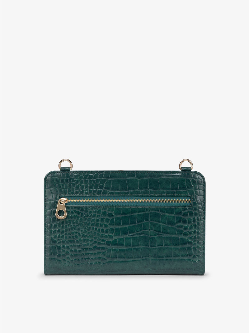 Back view of CALPAK Croc Wallet with zippered enclosed pocket and loops for straps that in emerald