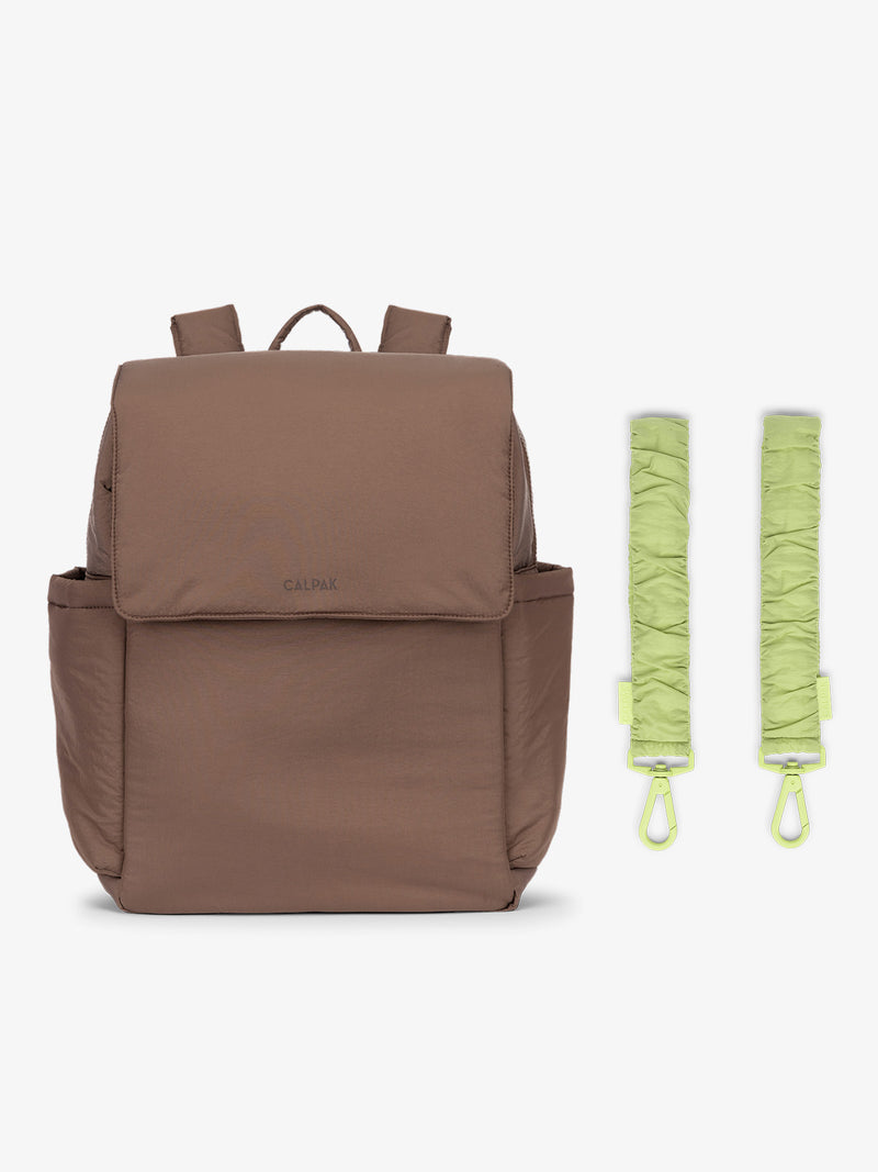 CALPAK Diaper Backpack in brown Hazelnut with light green Lime Stroller Straps