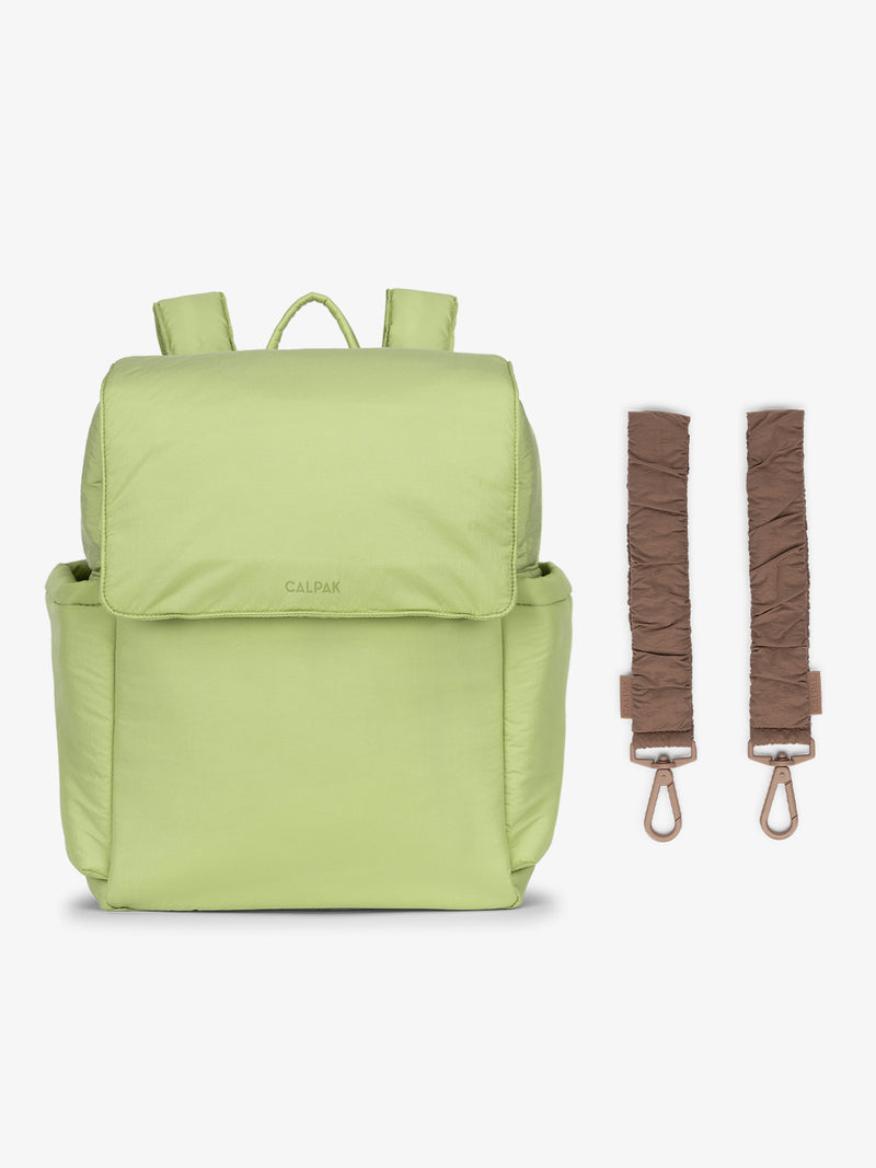 CALPAK Diaper Backpack in light green Lime with brown Hazelnut Stroller Straps