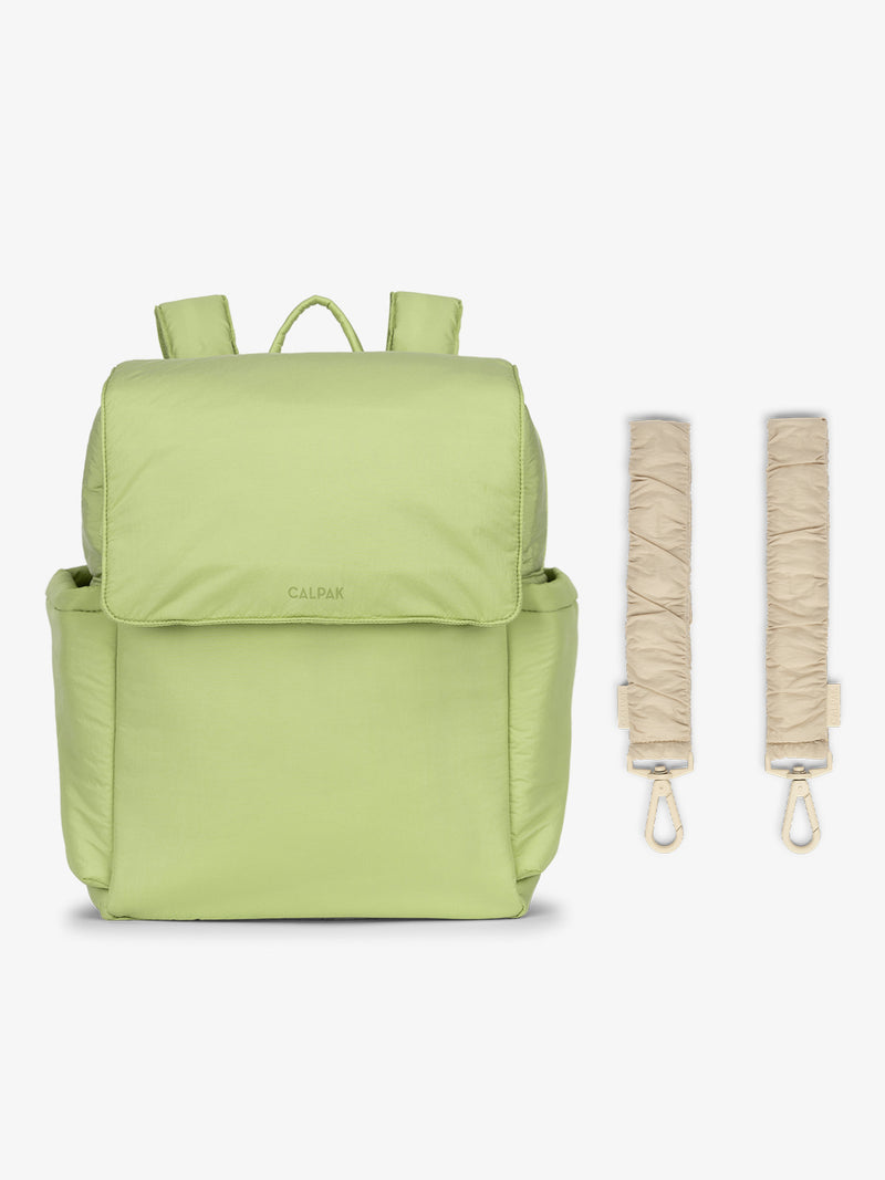 CALPAK Diaper Backpack in light green Lime with white Oatmeal Stroller Straps