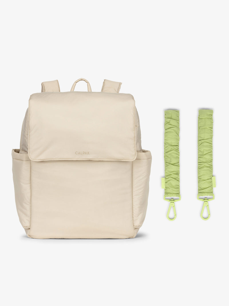 CALPAK Diaper Backpack in white Oatmeal with light green Lime Stroller Straps