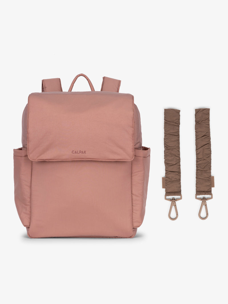 CALPAK Diaper Backpack in pink Peony with brown Hazelnut Stroller Straps