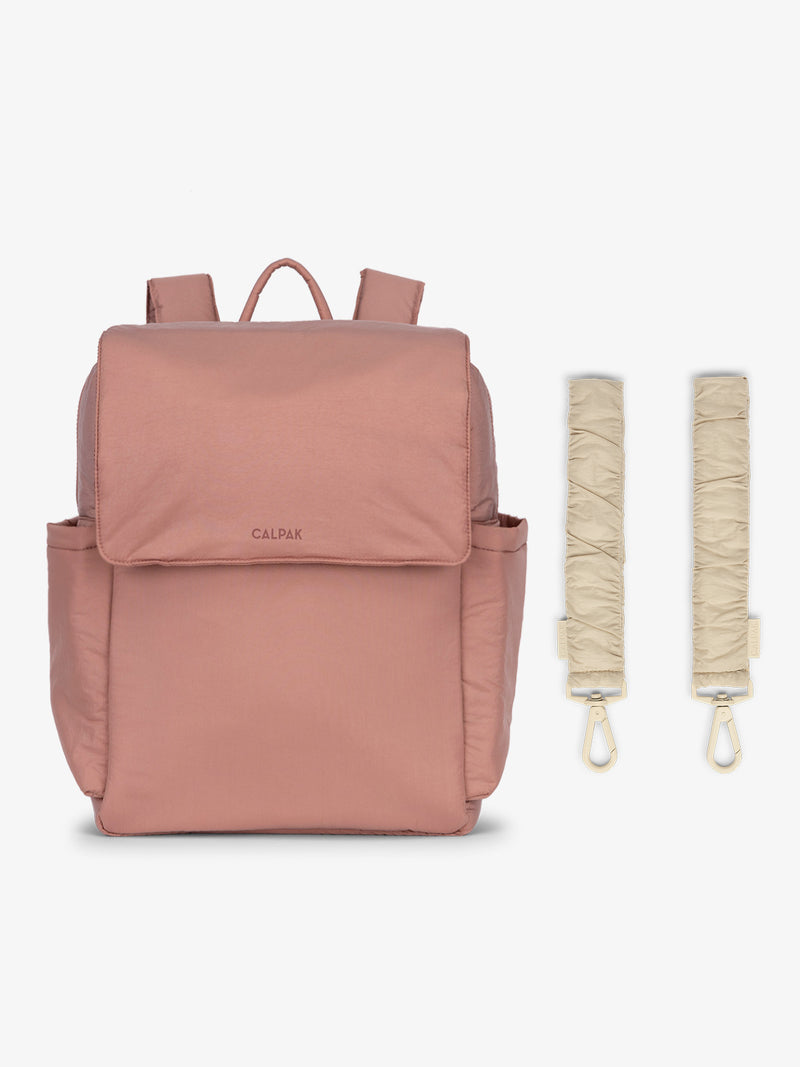 CALPAK Diaper Backpack in pink Peony with white Oatmeal Stroller Straps