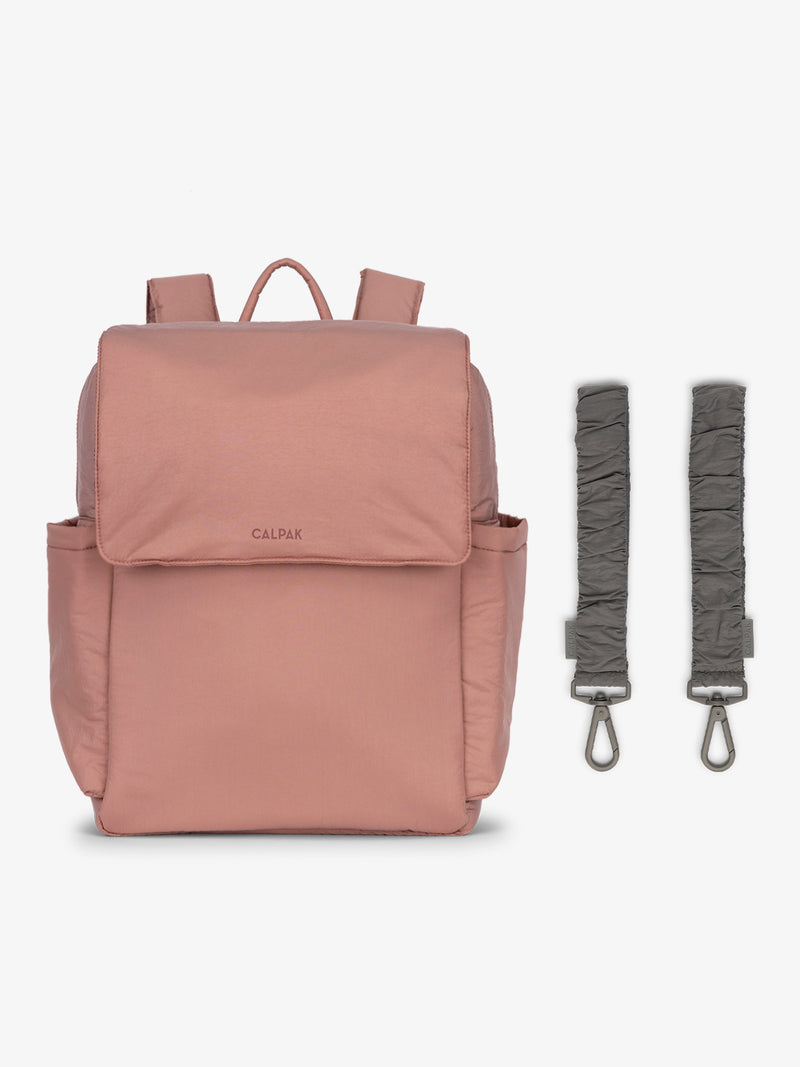 CALPAK Diaper Backpack in pink Peony with grey Slate Stroller Straps