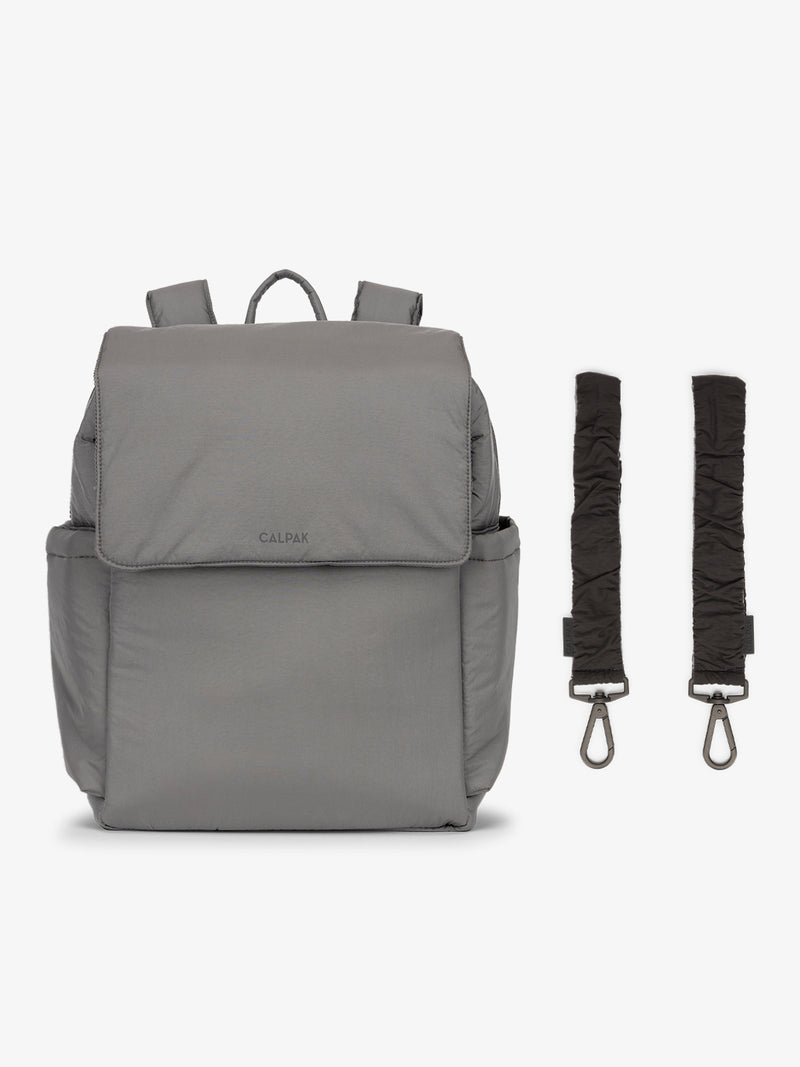 CALPAK Diaper Backpack in grey Slate with Black Stroller Straps