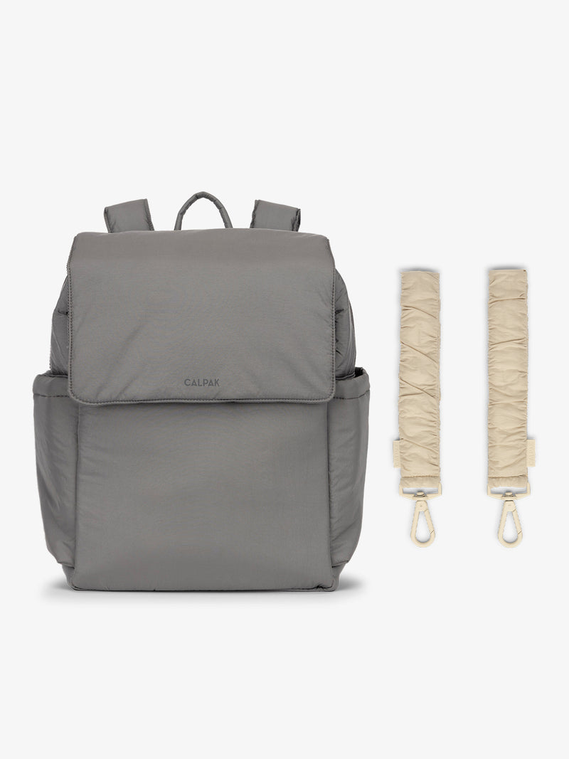 CALPAK Diaper Backpack in grey Slate with white Oatmeal Stroller Straps