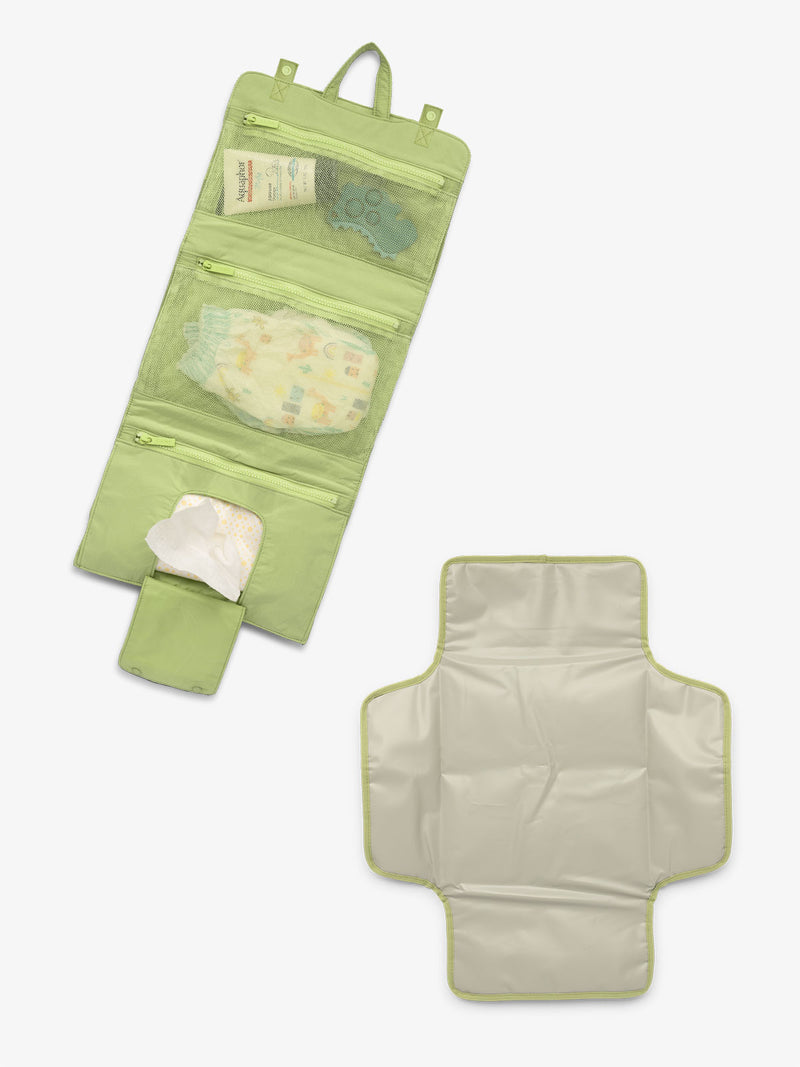 CALPAK diaper changing pad organizer with collapsible hanging hook, breathable mesh pockets and detachable changing pad in green