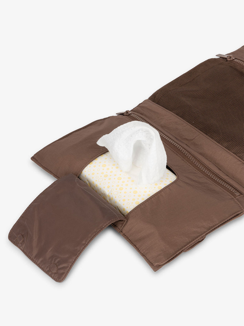 CALPAK diaper changing pad organizer with designated pocket for baby wipes in hazelnut brown