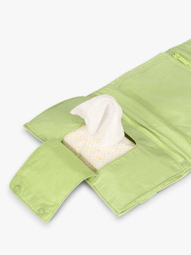 CALPAK diaper changing pad organizer with designated pocket for baby wipes in lime green