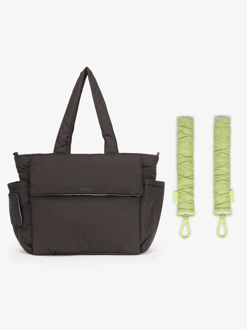 CALPAK Diaper Tote Bag in Black with light green Lime Stroller Straps