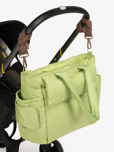 CALPAK Diaper Tote Bag in light green Lime with brown Hazelnut Stroller Straps; BTBB2401-LIME-HAZELNUT view 2