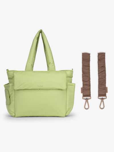 CALPAK Diaper Tote Bag in light green Lime with brown Hazelnut Stroller Straps; BTBB2401-LIME-HAZELNUT view 1