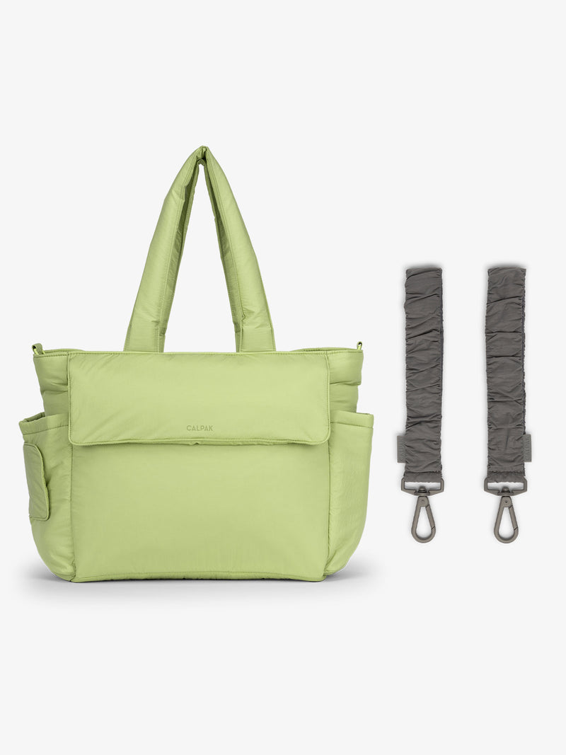 CALPAK Diaper Tote Bag in light green Lime with grey Slate Stroller Straps