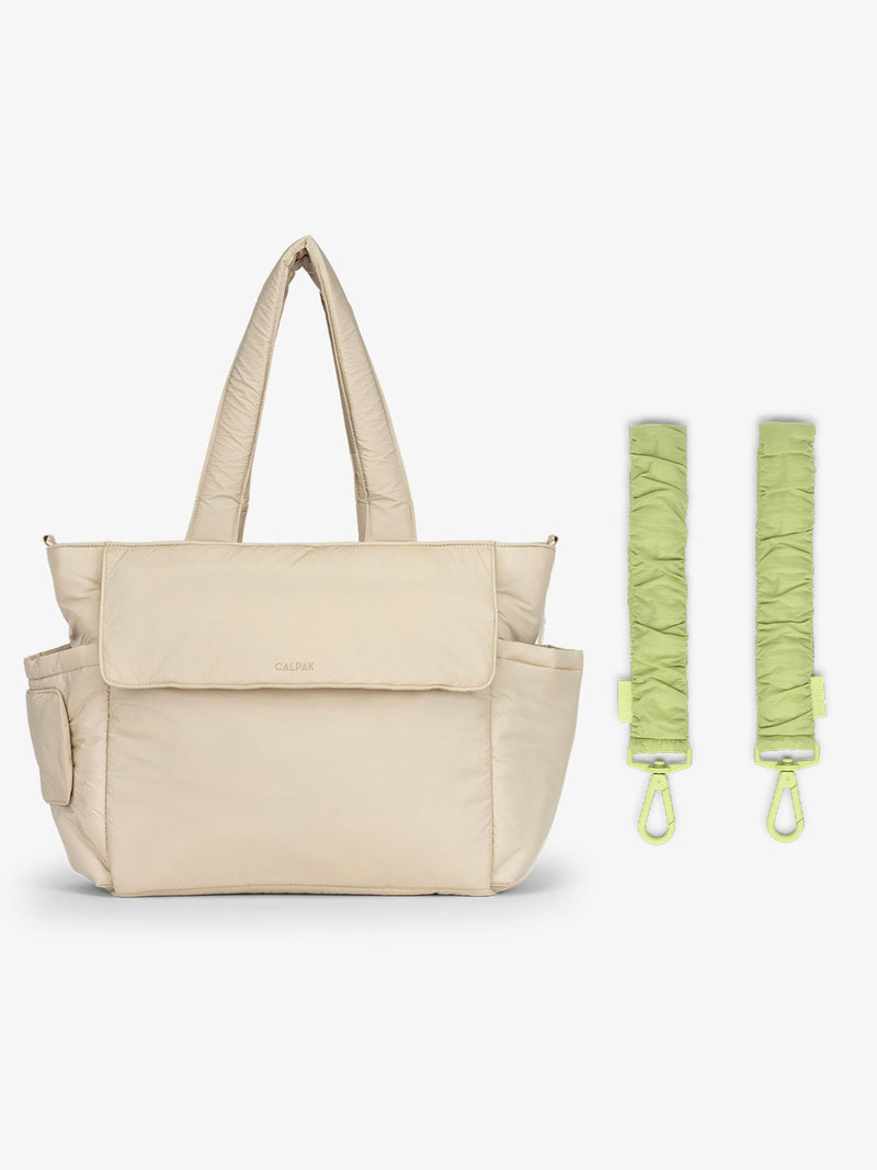 CALPAK Diaper Tote Bag in white Oatmeal with light green Lime Stroller Straps