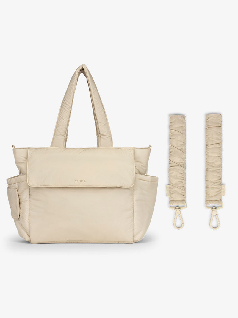 CALPAK Diaper Tote Bag in white Oatmeal with white Oatmeal Stroller Straps