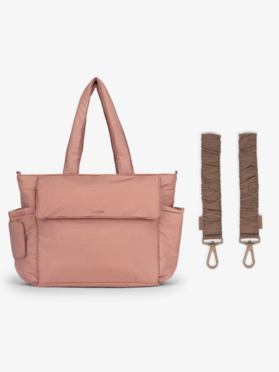 CALPAK Diaper Tote Bag in pink Peony with brown Hazelnut Stroller Straps; BTBB2401-PEONY-HAZELNUT view 1