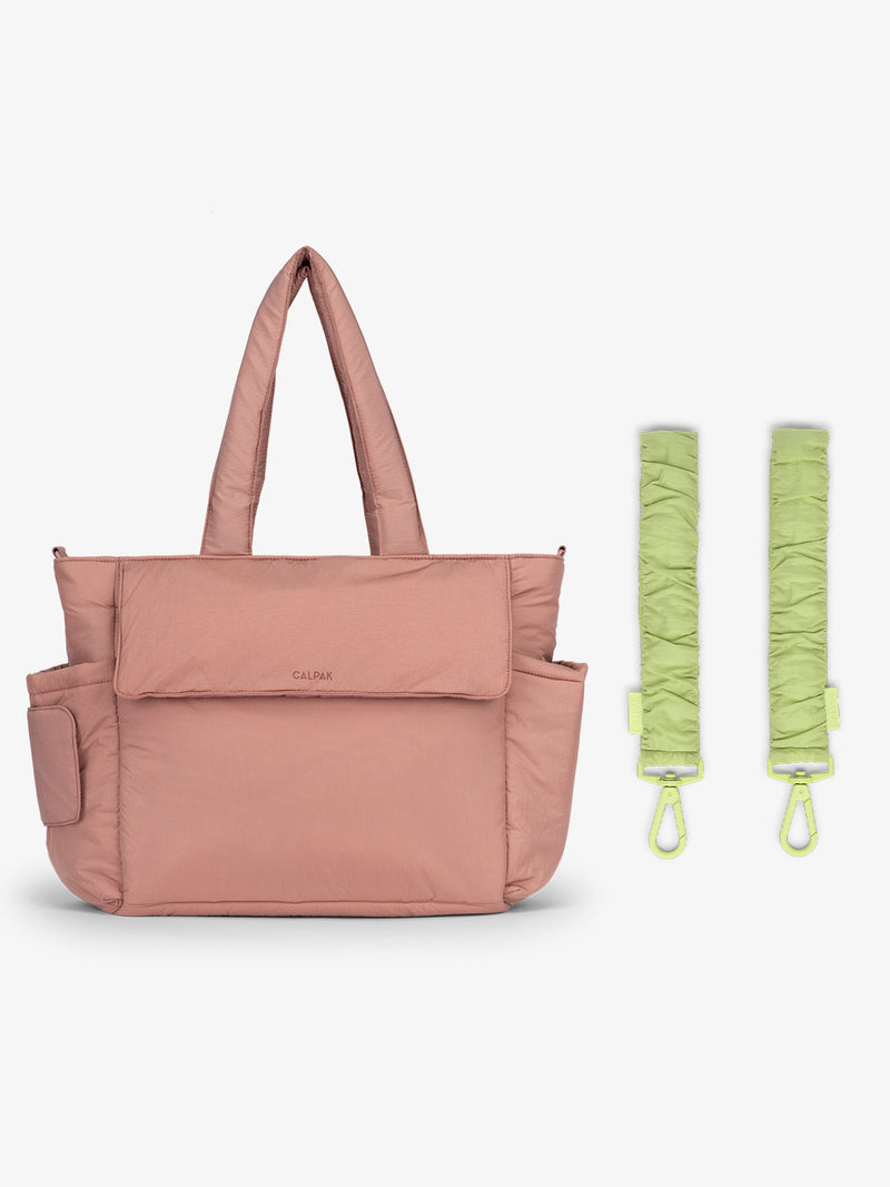 CALPAK Diaper Tote Bag in pink Peony with light green Lime Straps