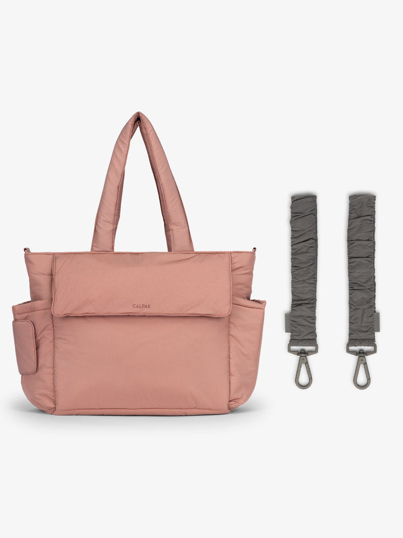 CALPAK Diaper Tote Bag in pink Peony with grey Slate Stroller Straps