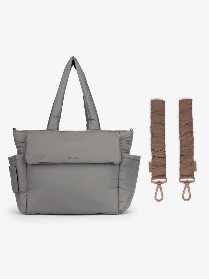 CALPAK Diaper Tote Bag in grey Slate with brown Hazelnut Stroller Straps