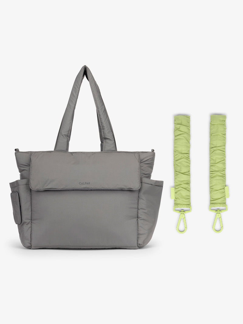 CALPAK Diaper Tote Bag in grey Slate with light green Lime Stroller Straps