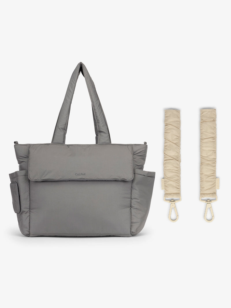 CALPAK Diaper Tote Bag in grey Slate with white Oatmeal Stroller Straps