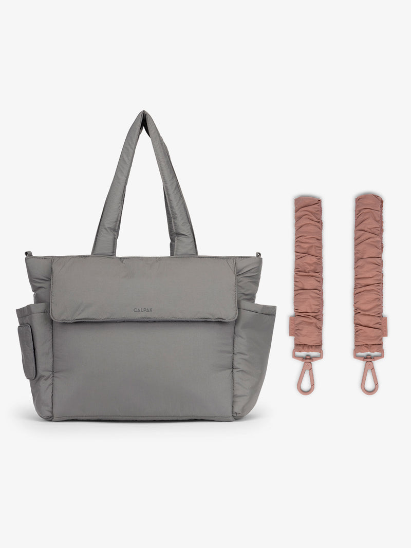 CALPAK Diaper Tote Bag in grey Slate with pink Peony Stroller Straps